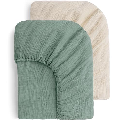 Yoofoss Muslin Crib Sheets for Boys Girls 100% Cotton Fitted Baby Crib Sheet 2 Pack Soft and Breathable for Standard Crib Mattress & Toddler Mattress 52"x28" Apricot&Green