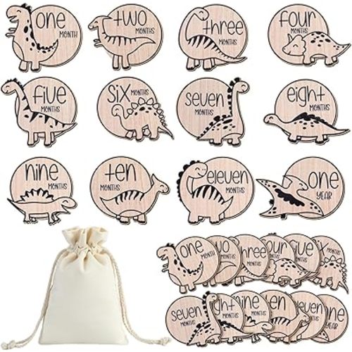 Wesiti 12 Pcs Wooden Baby Milestone Cards with Linen Bag Monthly Milestone Marker Discs Signs Announcement Cards for Pregnancy Growth Baby Shower Gifts Newborn Photo Props(Dinosaur Style)