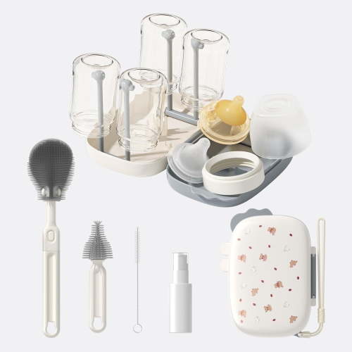 FVLOENG Portable Bottle Brush Set,Baby Bottle Cleaner Kit with Silicone Nipple & Straw Brush, Drainage Rack, Storage Box 6 in 1 Bottle Cleaning Tool for Home and Travel