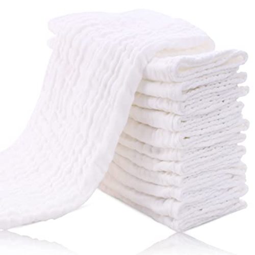 Cute Castle 12 Pack Muslin Burp Cloths for Baby - Ultra-Soft 100% Cotton Baby Washcloths - Large 20'' by 10'' Super Absorbent Milk Spit Up Rags - Burpy Cloths for Unisex, Boy, Girl - White - 20x10 Inch (Pack of 12)