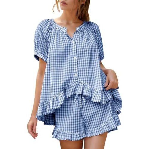 Flygo Womens Gingham Pajamas Set 2 Piece Cotton Pj Lounge Sets Puff Sleeve Ruffle Babydoll Shirt Shorts Summer Outfits