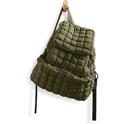 ODODOS Quilted Backpack for Women Lightweight Puffer Hiker Pack Drawstring Padding Travel Gym Bag, Avocado