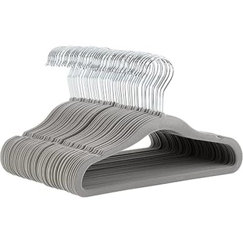 Amazon Basics Kids Velvet, Non-Slip Clothes Hangers for Infant and Toddler, 11.6 Inches (for baby clothes), Pack of 50, Gray