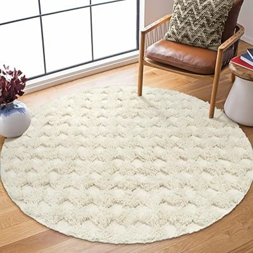 Lanffia Boho Checkered Tufted Rug - 3ft Round Area Rug Beige Hallway Rug Washable with Tassels Indoor Farmhouse Floor Carpet for Kitchen Bathroom Laundry Doorway Bedroom Living Room