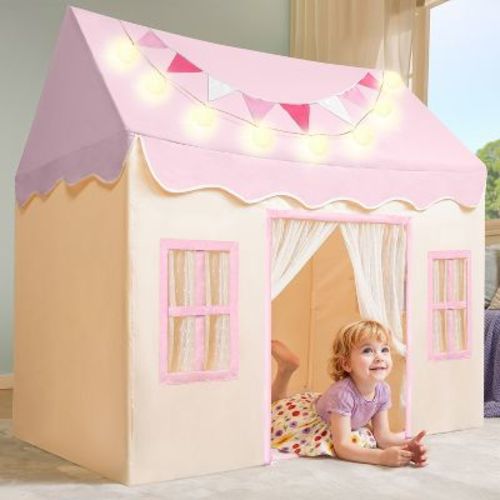 Joyfy Play Tent for Kids - Pink/Gray, Indoor & Outdoor Playhouse with Blanket, LED Lights & Flags for Toddlers, Ideal Space for Boys & Girls Ages 3-7