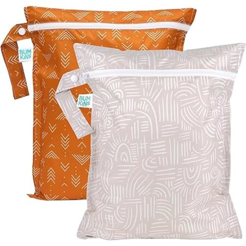 Bumkins Waterproof Wet Bag for Baby, Travel, Beach Essentials, Swim Suit, Cloth Diapers, Pump Parts, Pool, Gym, Toiletry, Strap to Stroller, Daycare, Wetdry Packing Pouch, 2-pk Desert Boho
