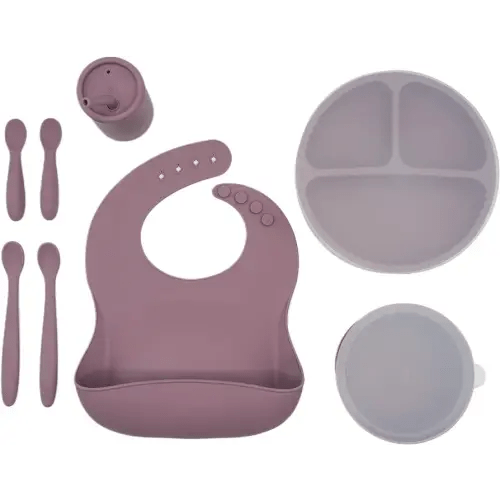 WeeSprout Baby Led Weaning Bundle, Silicone Suction Bowl, Spoons, Bib & Cup, Develops Self Feeding Skills, Dishwasher Safe (Purple)