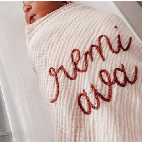 Personalized Hand Embroidered Baby Swaddle Blanket - Cotton Muslin