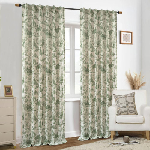 Lark Manor™ 100% Blackout Toile Linen Curtains for Bedroom Double Layer Farmhouse French Country Vintage Printed Pattern Thermal Sound Lined Back Tab Living Room Drapes 2 Panels & Reviews | Wayfair