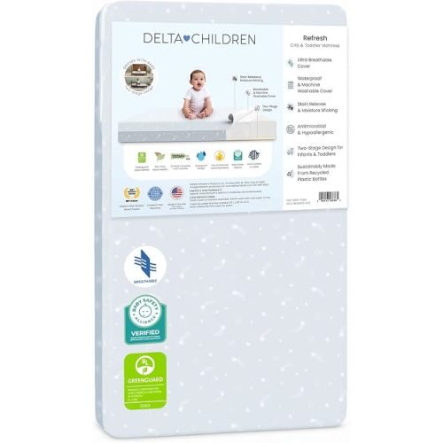 Delta Children Refresh 2-Stage Crib and Toddler Mattress - Breathable Cover and Core - Machine Washable - GREENGUARD Gold – Waterproof - Sustainably Sourced Core, Blue