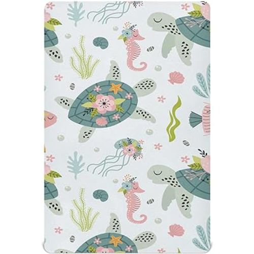 Fitted Crib Sheets Turtle Sea Horse Stretchy Portable Playard Sheets for Baby Toddler, Breathable Soft Mini Crib Mattress 52 x 28 in for Boys and Girls