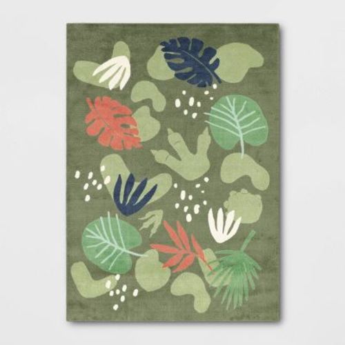 5'x7' Dinoaur Shapes Area Kids' Rug Green - Pillowfort™: Stain & Fade-resistant, Skid-proof, Oeko-tex Certified