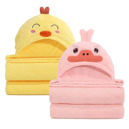 Baby Bath Towels with Hood,2 Pack Animal Hooded Towel for Toddlers Kids, Premium Coral Fleece Ultra Absorbent for Cozy and Warm-Bath Essential(32 x 50 Inch, L x W),Yellow Chick & Pink Duck
