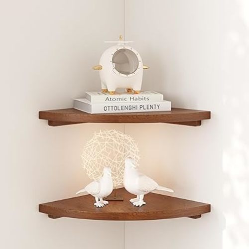 Floating Corner Shelves Walnut 12", Solid Oak Wall Mounted Wooden Display Storage Rack with Wire Hole for Plants, Photos, Speakers, Bedroom, Kitchen, Living Room Décor - 2-Pack