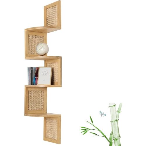 Bamboo 4-Tier Corner Shelf Natural Rattan Floating Corner Shelves Wall Mount Shelves for Living Rooms, Bedroom, Office (02-Bamboo)