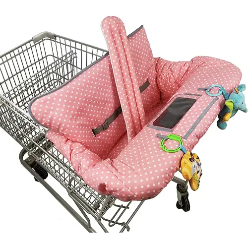 ICOPUCA Shopping Cart Cover, 2 in 1 cart Cover for Babies N high Chair Cover, Padded Grocery cart Cover for Baby Girl boy, with 1” Thick/Removable/Reversible Cushion, Pink dots;