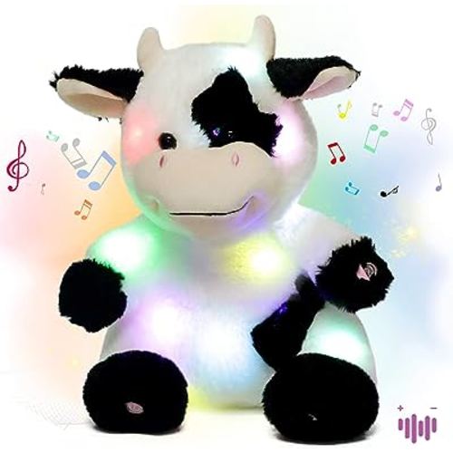 Hopearl LED Musical Stuffed Cow Light up Singing Plush Toy Adjustable Volume Lullaby Animated Soothe Birthday Festival for Kids Toddler Girls, 13''