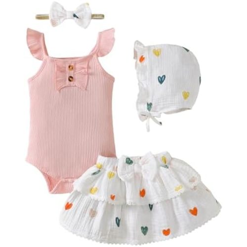 SUNNY PIGGY Baby Girl Outfit Newborn Clothes Short Set Infant Girl's Summer Cute Rufffle Sleeveless Romper 4PCS