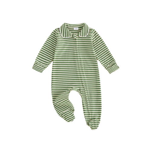 BemeyourBBs Newborn Baby Girl Boy Spring Fall Winter Clothes Outfit Footed Romper 0 3 6 Months Casual Long Sleeve Lapel Collar Stripes Print Zip Up Footie Jumpsuit One Piece Outfits