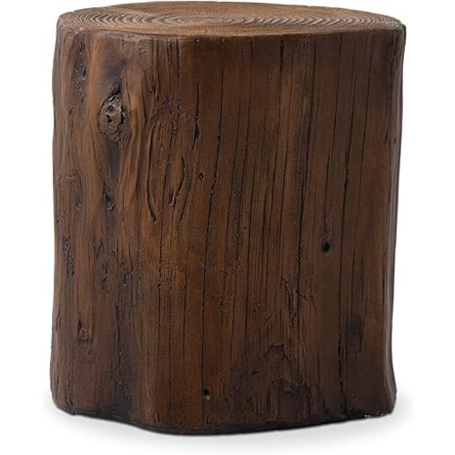 COSIEST Outdoor End Table Black Walnut Colored Faux Wood, Hand-Painted Wood Stump Stool, Ottoman or Plant Stand, Deck or Garden