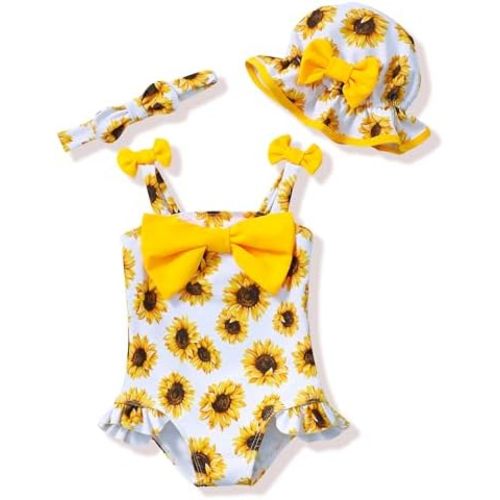 Renotemy Baby Girl Swimsuit Infant Bathing Suit Swimwear Sleeveless Bikini Tankini Toddler Girl One-Piece Swimsuit with Hat