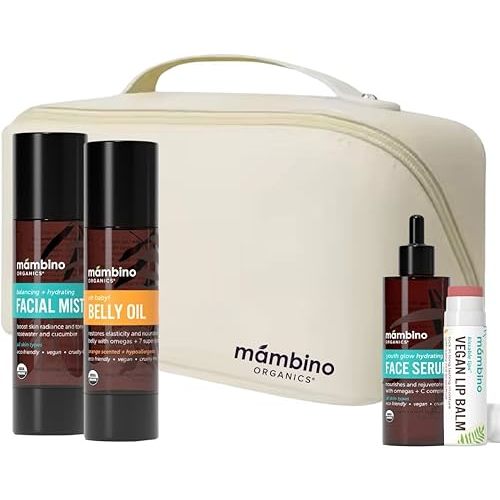 Mambino Organics First Trimester Maternity Skin Care Set + Free Bag - Pregnancy Belly Oil, Rose Facial Mist, Youth Glow Serum, Lip Balm - 4 Items