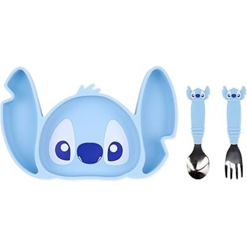 Bumkins Disney Stitch - Silicone Grip Dish, Fork & Spoon - For Ages 18 Months+ - Suction Base - 100% Food-Safe Silicone - Freezer, & Dishwasher Safe