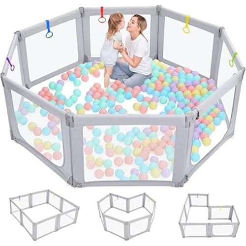 Dripex Foldable Playpen, Extra Large Baby Playpen, 71"×69" Play Yard for Baby, Safe Anti-Fall Baby Gate Playpen, Baby Fence with Breathable Mesh, Indoor & Outdoor Kids Activity Center, Ash Grey