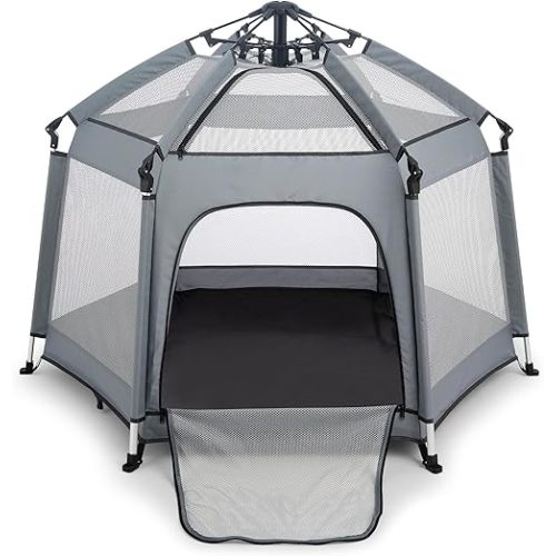 Indoor & Outdoor Baby Playpen with Canopy | Baby Beach Tent, Foldable, Lightweight, Travel Bag, & Mosquito Net | Pop Up Pack and Play Tent [Grey]