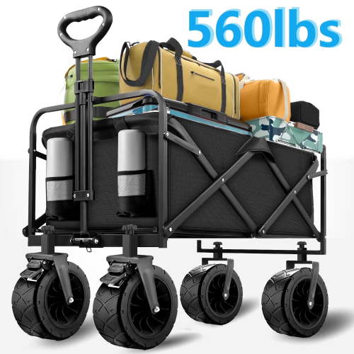 Qunler 560lbs Collapsible Folding Wagon, Big Bucket Beach Cart, Heavy Duty Large Capacity Garden Wagon with All-Terrain Brake Wheels for Outdoor Camping, Shopping, Sports, Grocery, Kids, Black