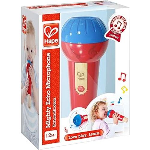 Hape Mighty Echo Microphone | Battery-Free Voice Amplifying Microphone Toy for Kids 1 Year & Up, Red, Model Number: E0337, L: 3.1, W: 3.1, H: 8.6 inch