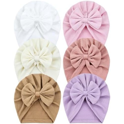 Cinaci 6 Pack Soft Turban Hats with Bow Donut Nursery Hospital Caps Beanies Bonnets for Baby Girls Newborns Infants Toddlers
