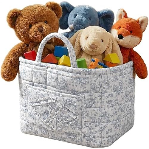 Quilted Fabric Basket Foldable Car Storage Boho Floral Laundry Basket Hamper for Nursery Bedroom & Living Room | Organize Clothes Toys