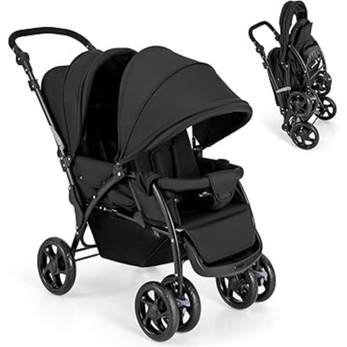 GLACER Foldable Twin Stroller, Double Baby Stroller w/Multi-Level Backrest, Canopy, Handle & Footrest, Safety Belt & Brake System, Travel Tandem Seating Stroller w/Lockable Wheels (Black)