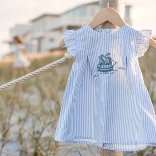 Sailboat Embroidered Oxford Stripe Dress – Elegant Baby