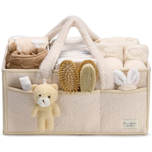 PeraBella Baby Diaper Caddy Organizer, Baby Organizers and Storage for Changing Table, Babies Shower Gift Basket for Boy &Girl, Nursery Essentials Car Caddy Organizer with Handle, White Diaper Basket