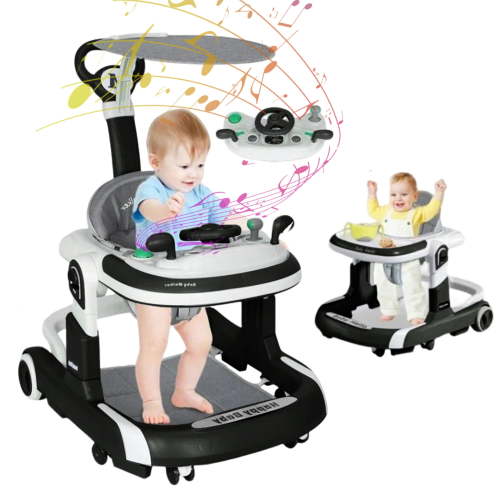Adjustable Baby Walker With Activity Station & Musical, Developmental Walkers For Babies, Removable Steering Wheel, Black