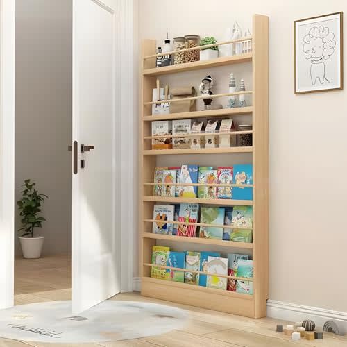 YKLYTBD Bookshelf, Behind The Door Bookshelf, Wooden Kids Bookshelf 3/4/5/6 Tier, Behind The Door Storage Organizer for Toys and Books, Space-Saving Wall Mount Narrow Bookshelf