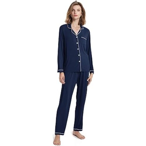 SIORO Ladies Soft Pajamas Set 2 Piece Modal Long Sleeve Loungewear for Women, Button Up Sleepwear Pj Outfits
