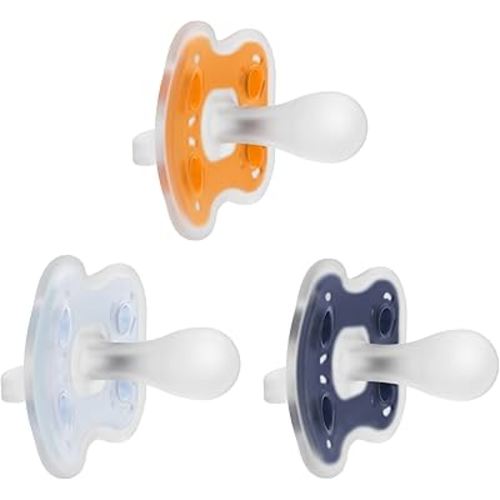 Dr. Brown's Advantage One-Piece Silicone Baby Pacifier, Fully Symmetrical Soother, Dark Blue/Light Blue/Orange, 6-18m, BPA Free, 3 Pack