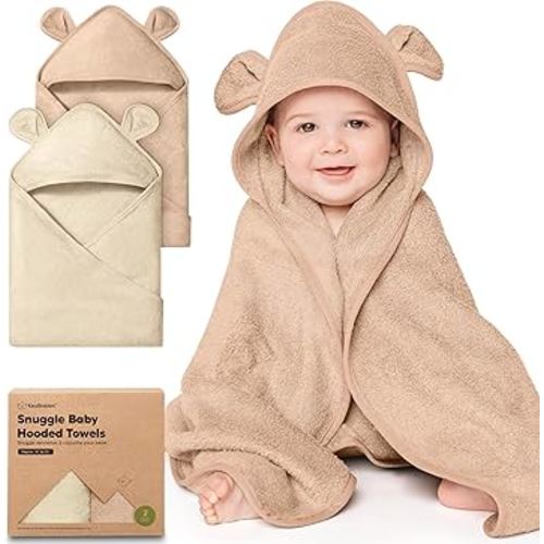 KeaBabies 2-Pack Hooded Baby Towels for Newborn - 35x35 Soft & Absorbent Viscose From Bamboo Baby Bath Towels with Hood for Infant, Toddler, Kids, Boys Girls, Newborn Bath Essentials (Almond, Regular)