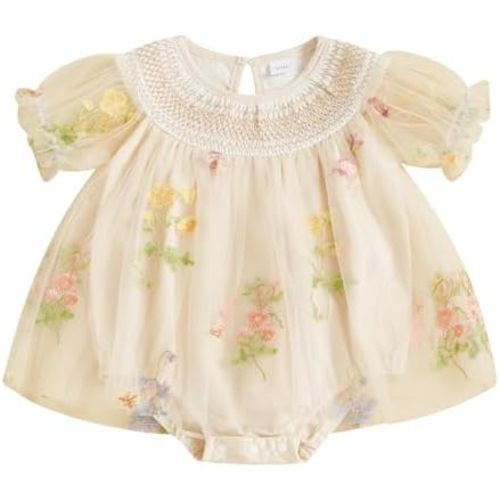 MAINESAKA Smocked Baby Girl Tulle Romper Dress Floral Embroidery Butterfly Wings Fairy Bubble Romper Bodysuit Summer Clothes
