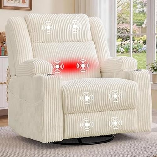 Korser Power Swivel Rocker Recliner with Dual Motor Adjustable Headrest for Adults, Oversized 24" Wide Seat Glider Rocking Chair with Massage & Heat, Corduroy Electric Recliner with USB&Type-C, Beige