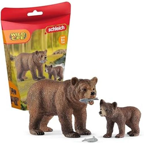 Schleich Wild Life Realistic Grizzly Bear Mother, Cub, and Fish - 4-Piece Animal Toy Playset, Durable and Educational Figurines for Fun Adventures for Boys and Girls, Gift for Kids Ages 3-8