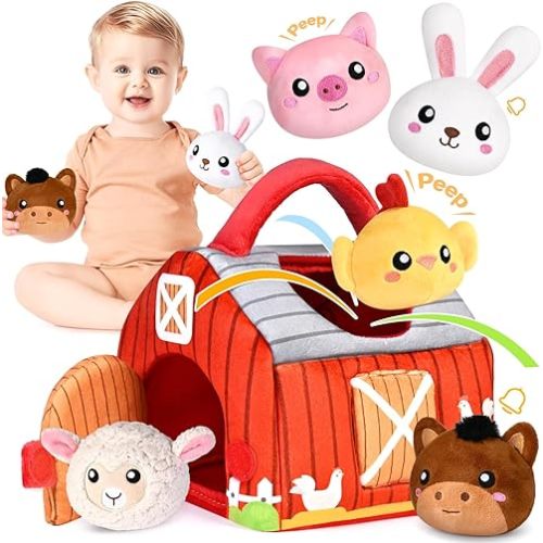 KMUYSL Baby Toys 0-6 6-12 Months, Plush Big Red Barn with Farm Animals, Soft Sensory Toys with Crinkle, Rattles for 0-3-6-9-12 Month Newborn Infant, Christmas Easter Birthday Gifts for Baby Boys Girls