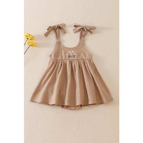Petal & Pine Girl's Boutique Beige Floral Embroidered Linen Ruffle Strap Bubble Button Dress Matching Sibling
