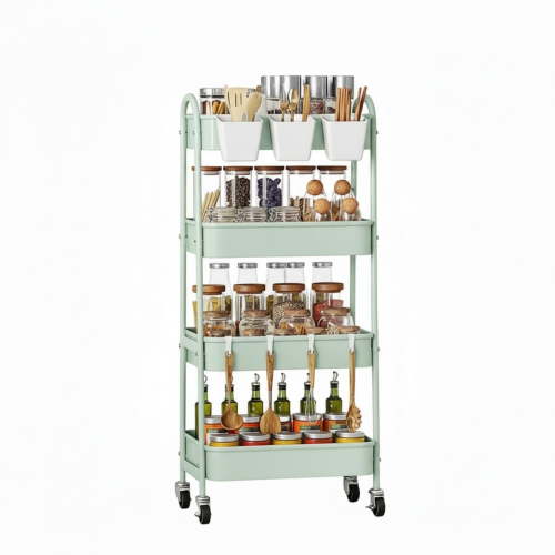 EDX 4-Tier Rolling Cart, 132 lbs Metal Utility Cart Storage Organizer with Lockable Casters, Multi-Functional Mesh Rolling Storage Cart for Kitchen Office, Green