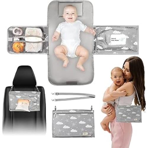 Portable Diaper Changing Pad - Travel Waterproof Baby Changing Mat with Shoulder Strap - Foldable Diaper Changing Station with Wipes Pocket