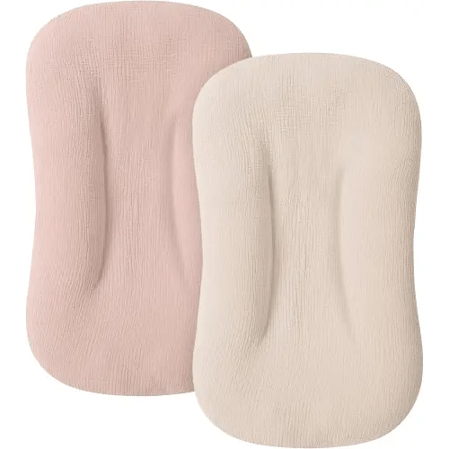 Muslin Baby Lounger Cover for Newborn & Infant, 100% Cotton Soft and Breathable Lounger Slipcover for Baby Girls and Boys, Pack of 2 (Pink, Ivory)