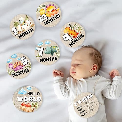 Dinosaur Baby Monthly Milestone Circles, Baby Months Wooden Disc Stuff for Baby Photo Takens with Hello World Name Signs - 7Pcs Double Sides Round Circles Signs for Documenting Growth